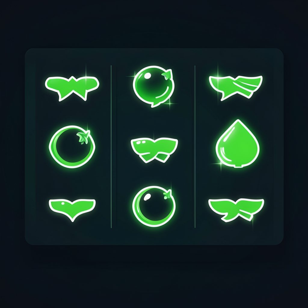 Interfaz simplificada de tragamonedas con simbolos brillantes en verde y blanco sobre fondo oscuro, estilo digital limpio