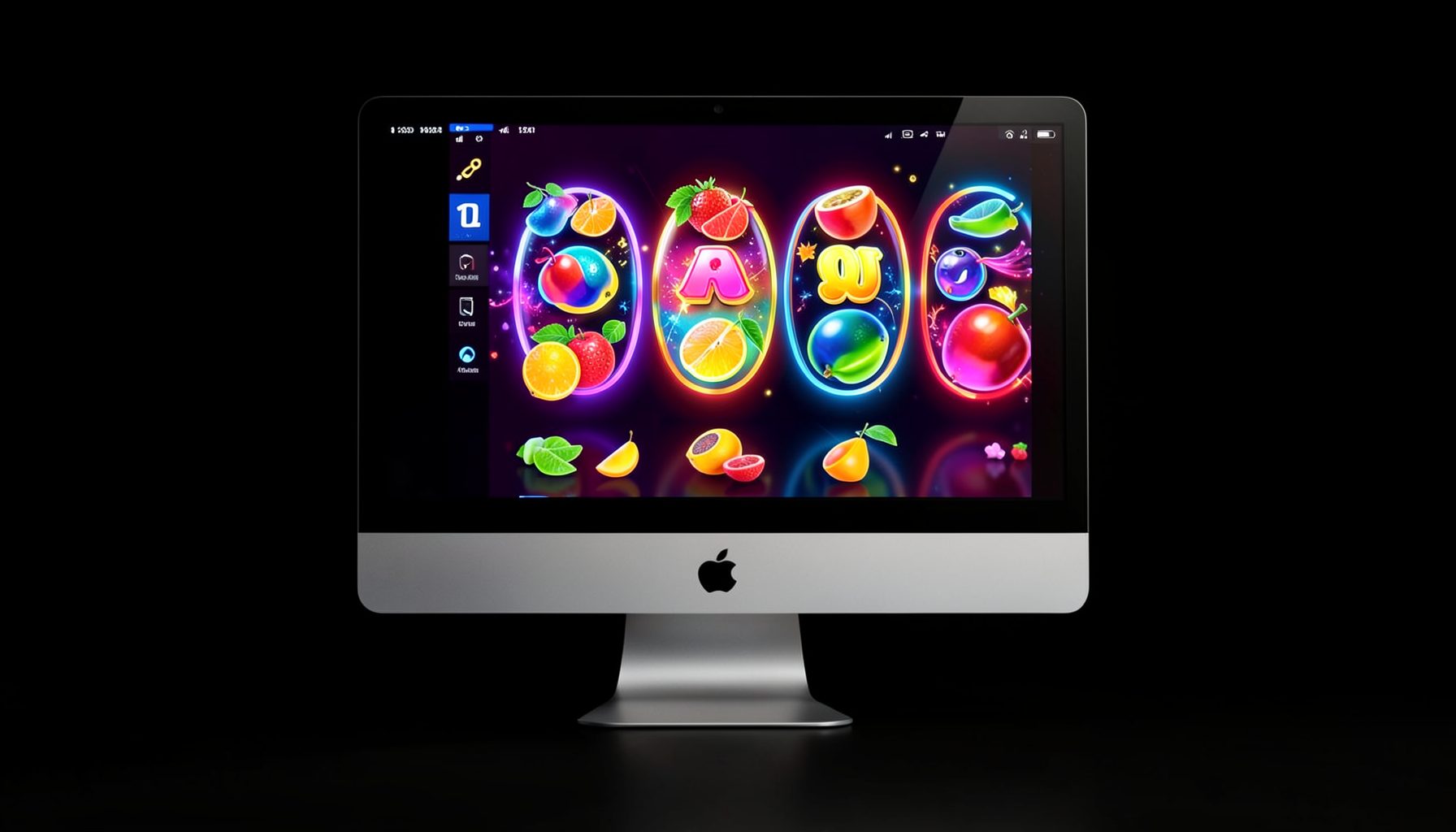 Pantalla de computadora y telefono mostrando coloridas tragamonedas con frutas y simbolos brillantes sobre fondo oscuro