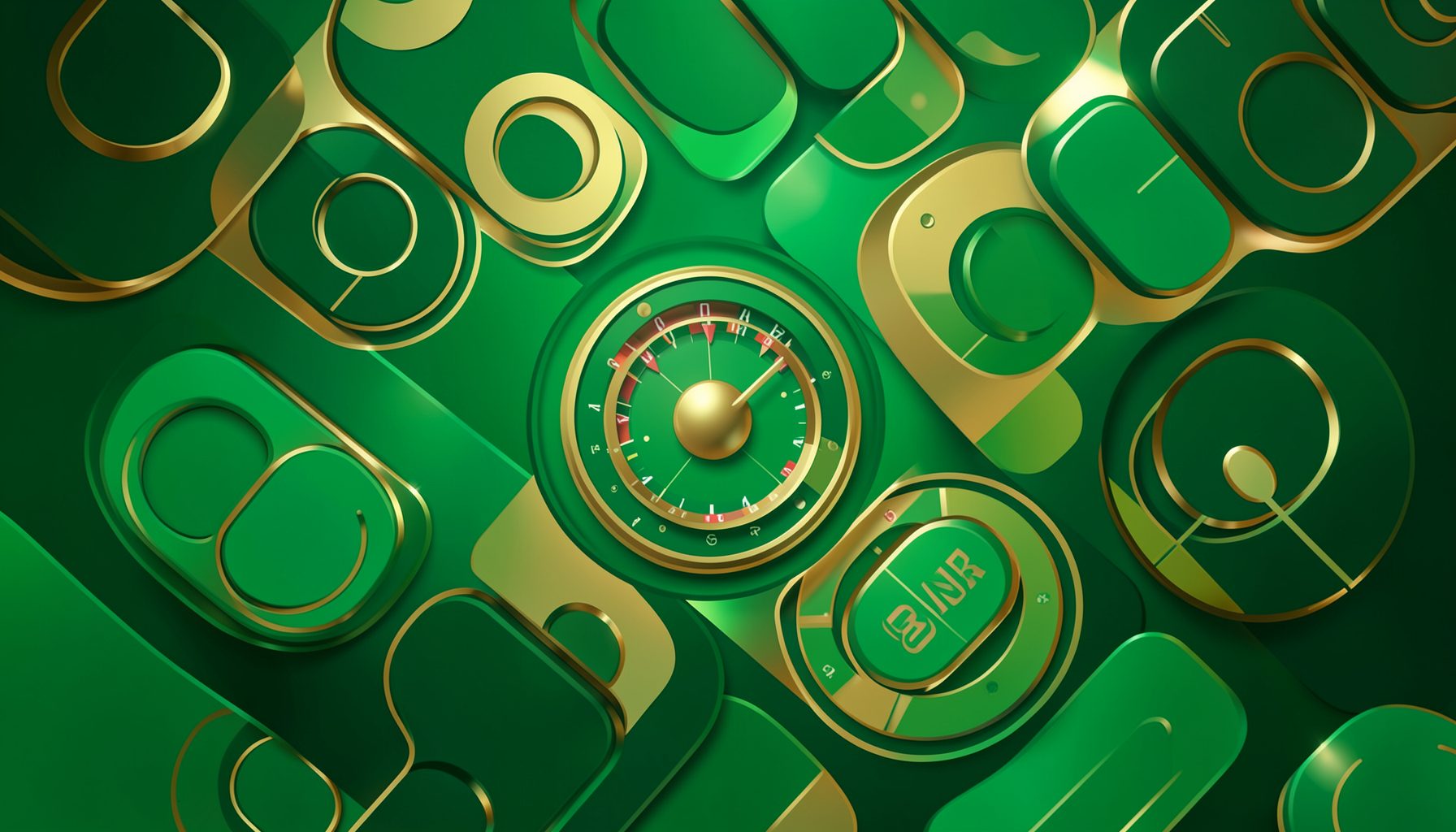 Ilustracion abstracta en tonos verdes y dorados con formas circulares que evocan fichas y ruletas de casino, ambiente vistoso