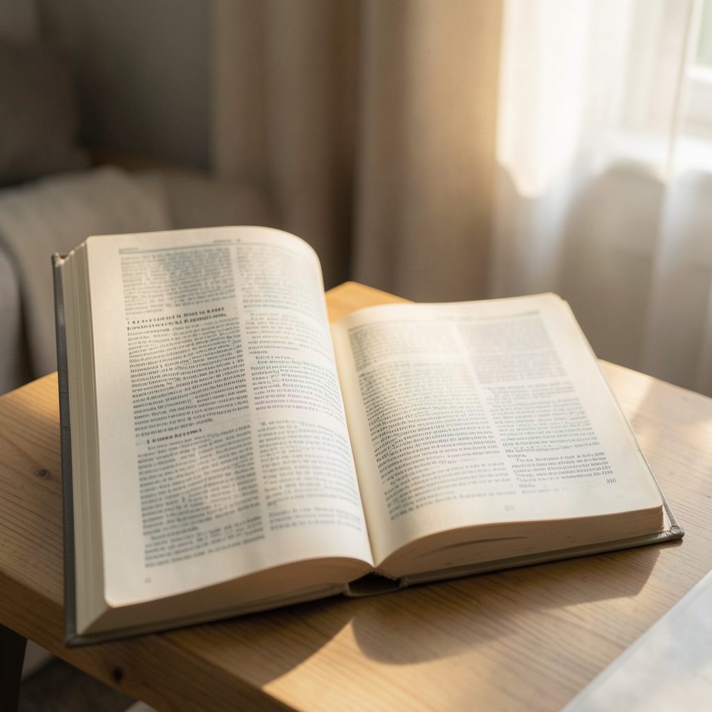 Periódico abierto con luz cálida, tonos crema y grises, atmósfera de lectura tranquila
